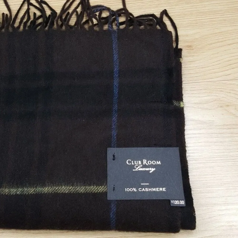 CLUB ROOM Mens Scarf Brown Plaid 100% Cashmere Fringe Rectangle Soft Knit 63x13